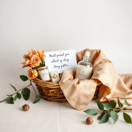 Elegant gift items for a woman, arranged with a card, jewelry box, and candle on a clean neutral background