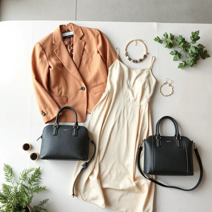 Curated women’s clothing and accessories on a minimalist table with soft natural light