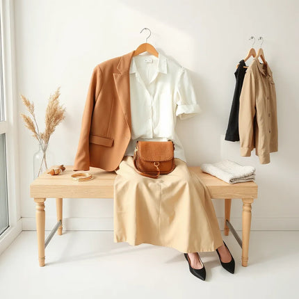 Neatly styled womens outfits with blazer, midi skirt, crossbody bag, and neutral accessories on a bench