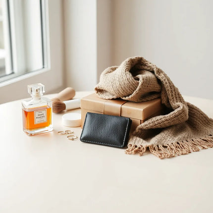 Curated set of stylish gifts for women, including jewelry, perfume, a scarf, and a skincare set on a neutral table.