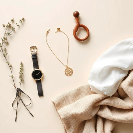 Assorted everyday accessories neatly arranged beside a neutral outfit on a clean background