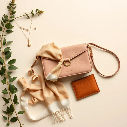 A coordinated set of jewelry, a silk scarf, and a mini bag with a ribbon on a neutral background