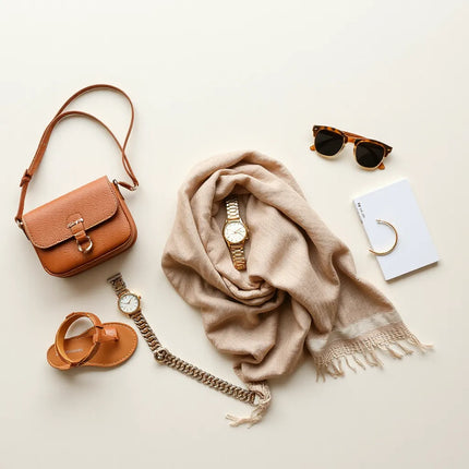 Curated women’s accessories arranged on a neutral background: bag, watch, earrings, scarf, belt, sunglasses, sandals