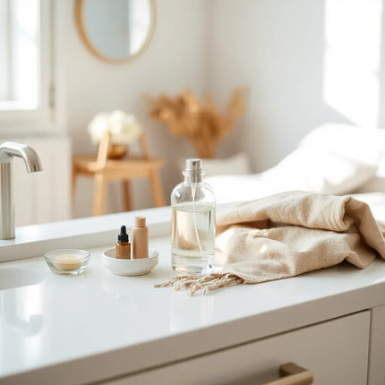 Minimal perfume bottle and mist in soft morning light on a neutral vanity