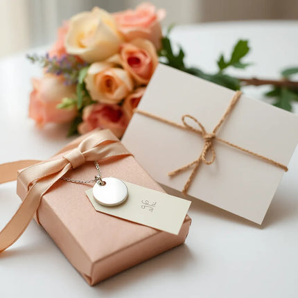 Engraved necklace, ribbon-wrapped gift box, and blank greeting card on a bright tabletop
