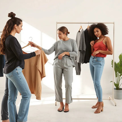Diverse women browsing inclusive, comfortable outfits with easy-to-wear details in a bright studio