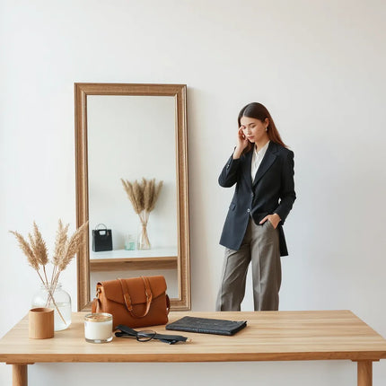 Woman in a tailored blazer and refined outfit with a small bag and delicate jewelry near a mirror