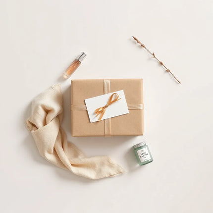 Neatly wrapped gift with ribbon and coordinated small finishing touches for a thoughtful presentation