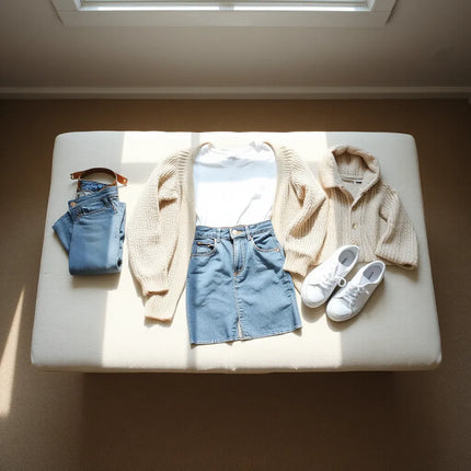 Neatly laid casual outfits and accessories in a bright minimalist room for easy everyday styling