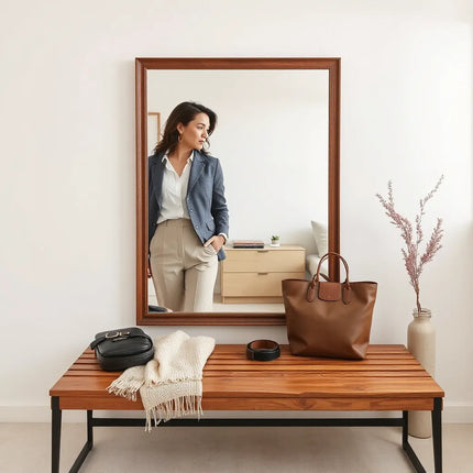 Woman in a neutral tailored outfit with simple accessories preparing in a bright, minimal room