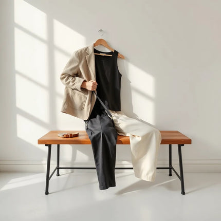 Neutrally styled everyday outfit with jacket and accessories arranged in soft natural light