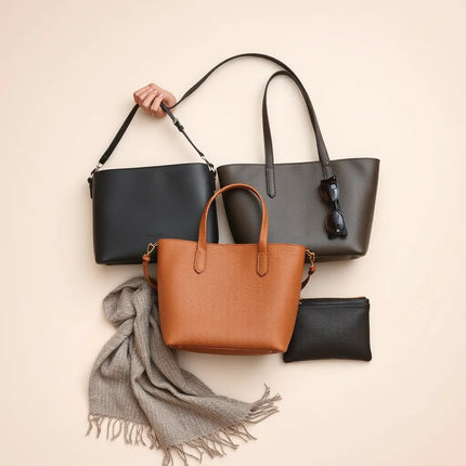 Three modern handbags on a neutral background with scarf and sunglasses