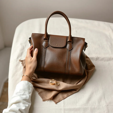 Hands inspecting leather, silk, and gold-tone jewelry with clear material texture details on a neutral surface