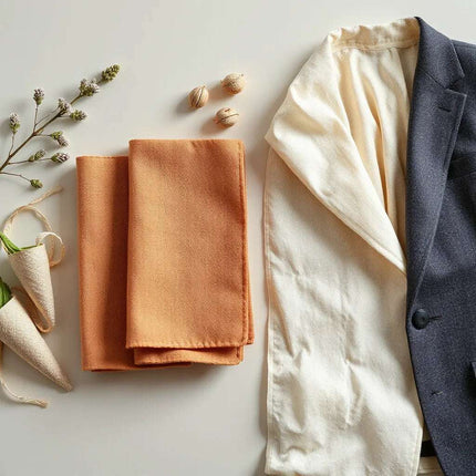 Premium fabric swatches and close-up stitching on a tailored jacket sample in soft natural light