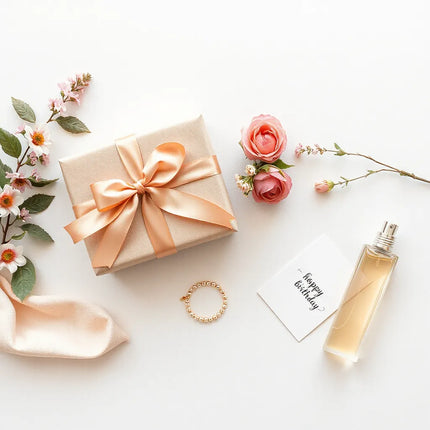 Wrapped birthday gift with ribbon, flowers, and elegant accessories on a light neutral background