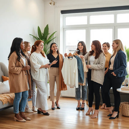 Diverse women in stylish outfits gather in a bright community space and share fashion ideas