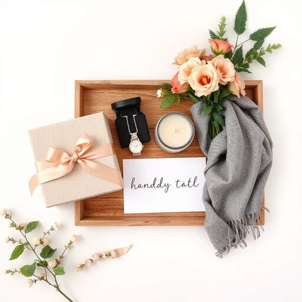 Neatly arranged modern gift box with ribbon, jewelry, candle, and muted bouquet on a light tray