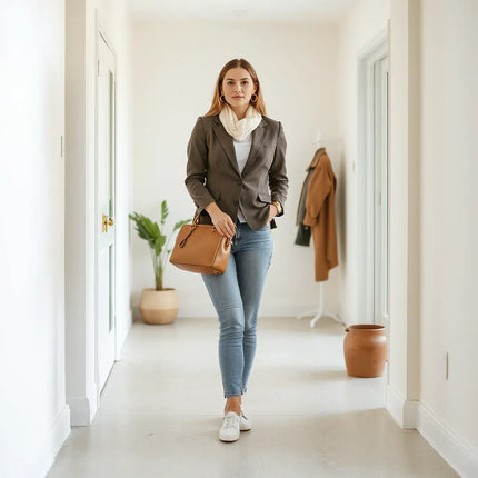 Woman in a tailored blazer and jeans with simple jewelry and a structured bag in a bright minimalist space