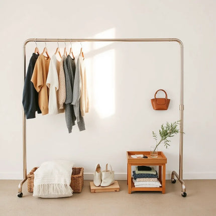 Curated fashion items and accessories arranged neatly on a neutral background with soft natural light