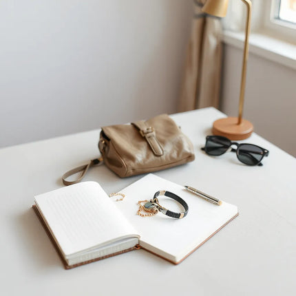 Curated fashion and accessory items arranged neatly on a neutral desk with soft natural light