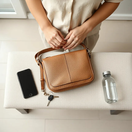 Structured crossbody bag for daily errands next to essentials like keys, phone, and a water bottle