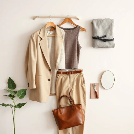 Neatly styled tailored blazer, knit top, trousers, and belt on a curated wardrobe rack in soft daylight