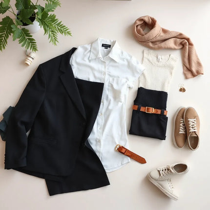Neutral-toned women’s wardrobe essentials laid out with a blazer, shirt, skirt, jeans, belt, and simple accessories.