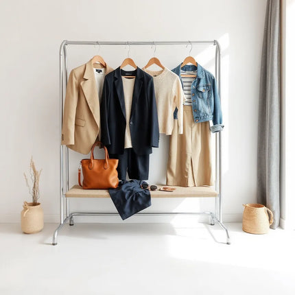 Neatly arranged women’s outfits on a minimalist rack with handbag and accessories in soft daylight.