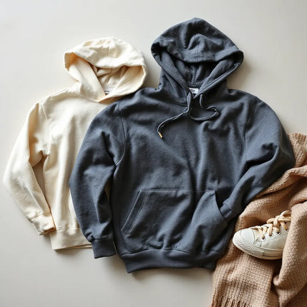 Assorted cozy hoodies in muted colors laid on a neutral surface with soft fabric texture visible