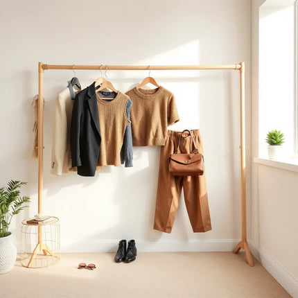 Neatly arranged women’s wardrobe essentials in a cohesive neutral color palette with a handbag and accessories