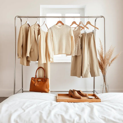Neatly styled women’s outfits on a minimal clothing rail with handbag and accessories