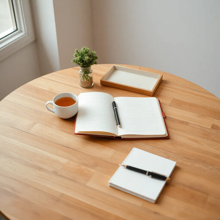Calm morning table with an open journal, pen, and tea near a small plant in soft natural light