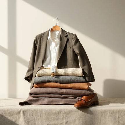Curated wardrobe essentials: tailored blazer, knit sweater, midi skirt, and leather loafers on a neutral background