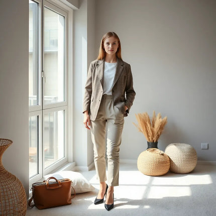 Confident woman in a tailored blazer outfit with a bold accessory in bright, minimal indoor light