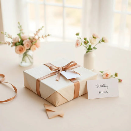 Stylish wrapped birthday gifts with ribbon, a small bow box, and a blank card on a clean tabletop