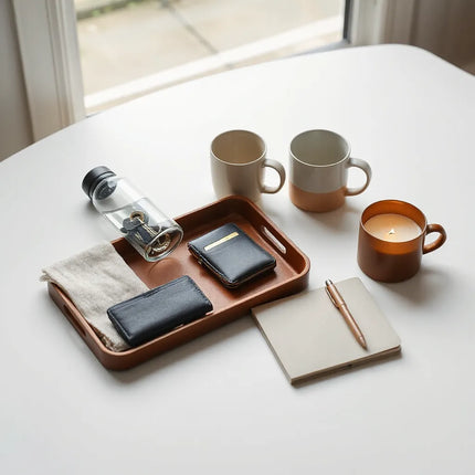 Neatly arranged everyday essentials—keys, wallet, notebook, pen, mug, and water bottle—in soft natural light