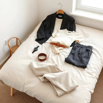 Neutrally styled clothing and accessories laid out on a bed with soft natural light
