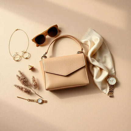 Gold jewelry, a silk scarf, and a mini handbag styled together on a neutral background