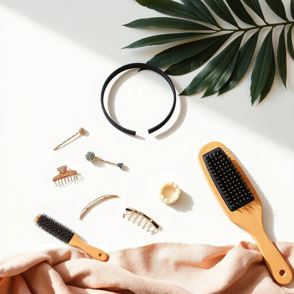 Assorted trendy hair accessories like headbands, clips, and a satin scrunchie arranged on a minimalist vanity