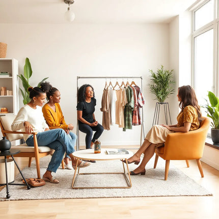Diverse group of modern women chatting in a bright lounge with a small clothing rack nearby
