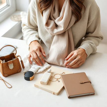 A curated selection of everyday fashion and lifestyle essentials on a neutral table with soft natural light