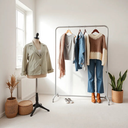 Neatly styled seasonal outfits on a minimal clothing rack with light jacket, knitwear, scarf, and boots