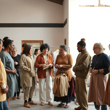 Diverse group in a community space sharing locally made outfits and thoughtful fashion details