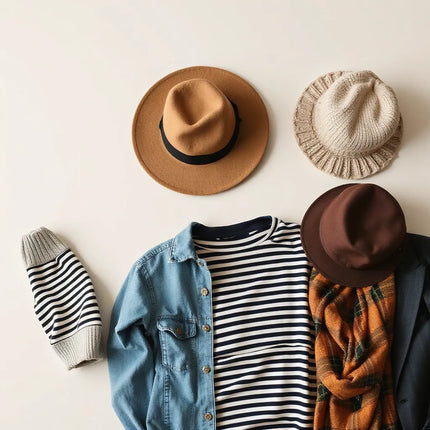 Assorted stylish hats laid out with outfit pieces like denim, blazer, and scarf for coordinated looks