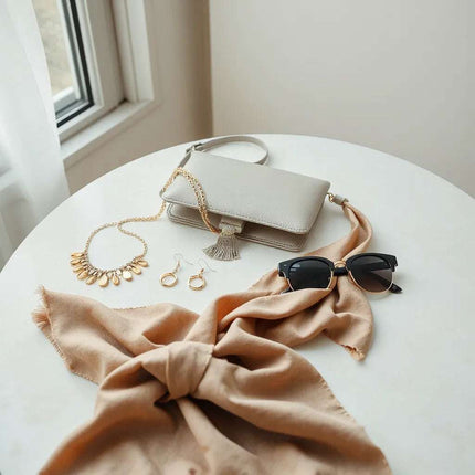 Fashion-forward accessories arranged on a neutral surface: jewelry, handbag, scarf, and sunglasses.