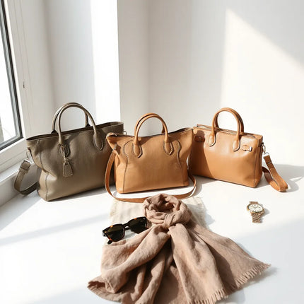 Structured tote, crossbody, and shoulder bags styled on a clean tabletop with accessories