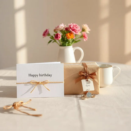 Wrapped gift, birthday and thank-you cards, and small flowers on a clean tabletop