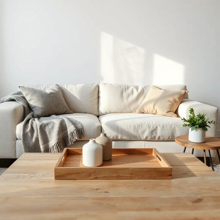 Cozy living room with neutral sofa, styled décor, scented candle, and warm natural light