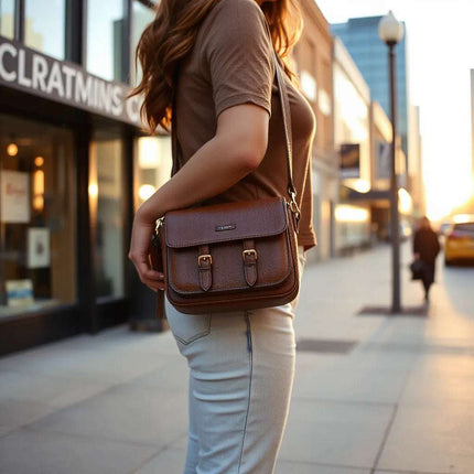 Woman wearing a compact crossbody bag with a neat strap across a casual outfit in a clean outdoor setting