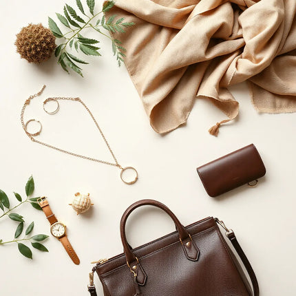 Necklace, earrings, watch, handbag, wallet, scarf, and sunglasses arranged in a neat fashion flat lay.